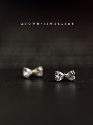 S925 Sterling Silver Plated 14K Gold Platinum Zircon Bow Set Zirconium Diamond Simple Bow Japanese and Korean Mini Small Earrings HME