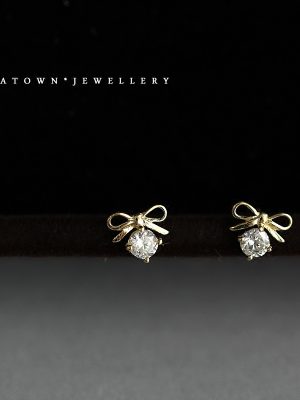 925 Sterling Silver Plated 14K Gold Earrings Zircon Bow Set Zirconium Diamond Cute Bow Japanese and Korean Earrings HME
