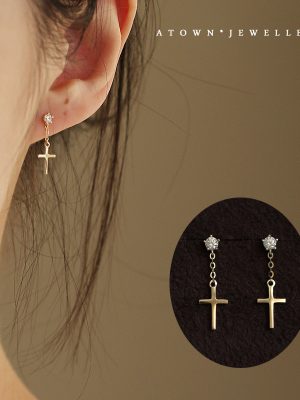 925 Sterling Silver Plated 14K Gold Earrings Cross Earrings Student All-Match Female Japanese and Korean Style Tassel Mini Elegant Earrings HME