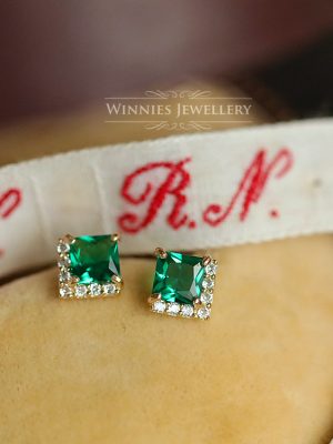 S925 Silver Plated 14K Gold Ear Studs Emerald Zirconium Diamond Princess Square Inlay Simple Light Luxury Ear Studs Female HME