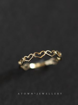 Japanese and Korean Style S925 Sterling Silver 14K Gold Plated Ring Women's Simple Row Hollow Love Cute Ring HME
