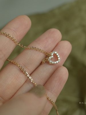 Peach Heart S925 Sterling Silver Plated 14K Gold Love Full Diamond Heart-shaped Exquisite Simple All-match Collarbone Necklace Pendant Female HME