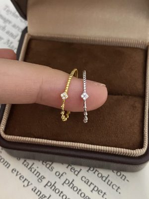 Twist Small Square Diamond ~ S925 Sterling Silver Plated 18K Gold Light Luxury Ring Female Twist Texture Finger Ring Design