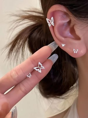 S925 Sterling Silver Plated 16K Gold Butterfly Earrings Women's Ear Holes Small and Exquisite Flash Diamond Ear Nails Fairy Wind Earrings