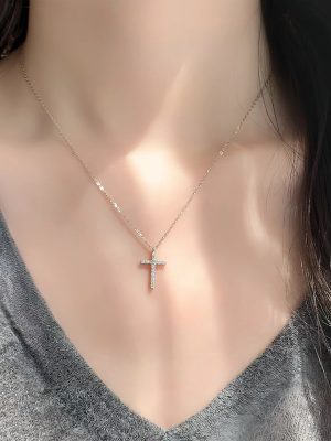 S925 Sterling Silver Plated 14K Gold Diamond Cross Pendant Necklace Women's Classic Fashion Elegant Sweet Clavicle Chain