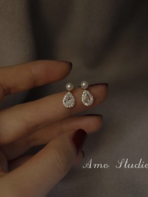 S925 Sterling Silver Gold Plated Pearl Earrings Women's Water Drops Full Diamond Elegant Design Advanced Earrings New Fashionable HME