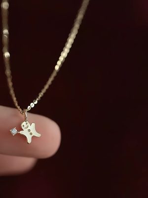 S925 Sterling Silver Plated 14k Gold Cute Happy Gingerbread Little Man Necklace Pendant Women's Christmas Snowman Style Clavicle Chain