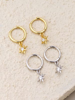 S925 Sterling Silver Korean Style Minimalist Octagon Star Ear Buckle Simple Personality Diamond Octagon Star Fashion Elegant Ear Jewelry for Women