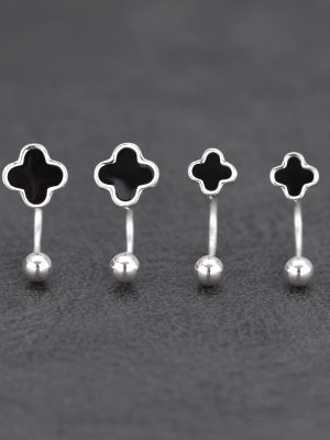 S925 Sterling Silver Black Glue Dropping Four-leaf Clover Thread Earrings Women's Simple Elegant Rear Hanging Ear Holes Earrings