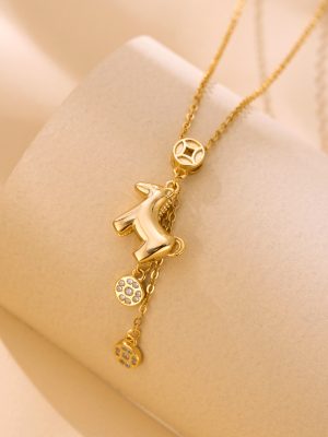 S925 Sterling Silver Plated 18K Gold Horse Rich Necklace Women's Fashion Exquisite Tassel Coin Pony Clavicle Chain