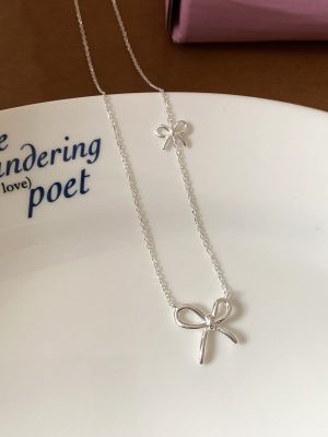 S925 Sterling Silver Bow Necklace Sweet Girl Heart Ins Simple High Clavicle Chain HME