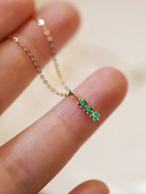 S925 Sterling Silver 14K Gold Plated Necklace Three Emerald Zircon Light Luxury High-grade Clavicle Chain Women's All-match