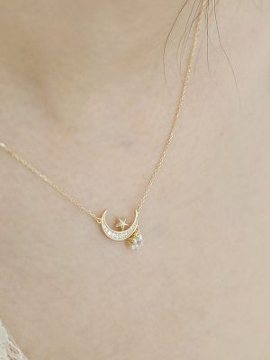 S925 Sterling Silver Plated 14K Gold Exquisite Star and Moon Necklace Retro Elegant All-Match Ins Collarbone Necklace Female Wish Hot Sale