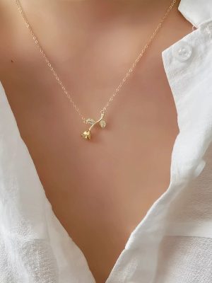 S925 Sterling Silver Plated 14K Diamond Set Gold Rose Necklace Women's Design High Fashion Versatile Clavicle Chain