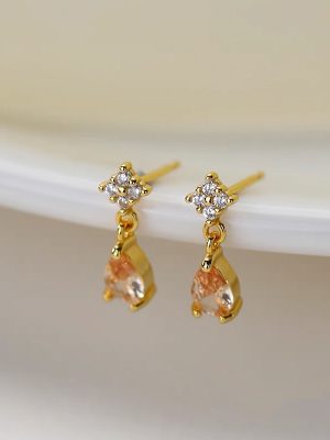 925 Sterling Silver Plated 18K Gold Light Orange White Stone Water Drop Earrings for Women Light Luxury Advanced Earrings Simple Earrings
