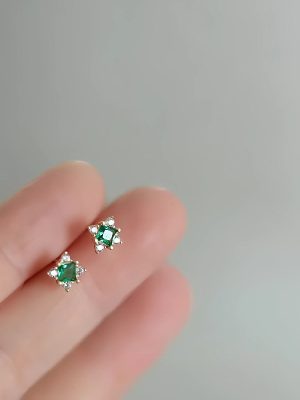 S925 Sterling Silver Plated 14k Gold Entry Luxury French Style Retro Square Diamond Earrings Women's Exquisite Emerald Elegant Earrings