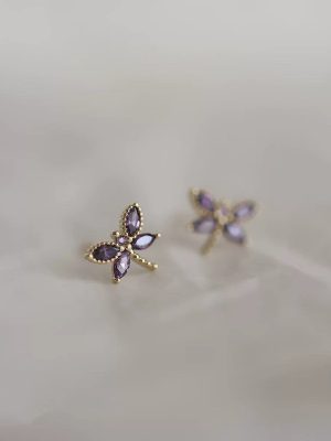 Purple Dragonfly ~ S925 Sterling Silver Plated 14k Gold Purple Zircon Earrings Women's Delicate Light Luxury Elegant Mori Earrings Women's HME