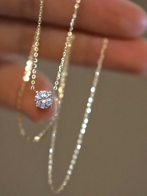 S925 Sterling Silver Plated 14K Gold 1 karat Four Claw Single Diamond Super Flash Elegant Light Luxury Clavicle Chain Neck Chain for Women