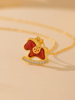 New S925 Sterling Silver Ancient Method Gold Red Agate Immediate Money Pendant Necklace Women Light Luxury High-grade Year of the Horse Necklace