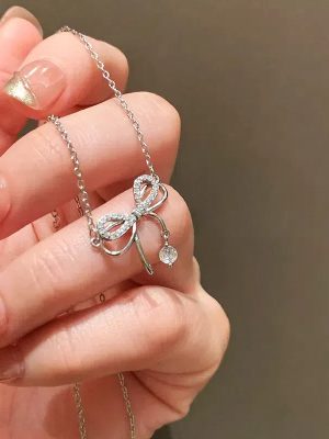 S925 Sterling Silver Diamond Bow Necklace Women's Light Luxury Fashion High Elegant Clavicle Chain All-match Necklace