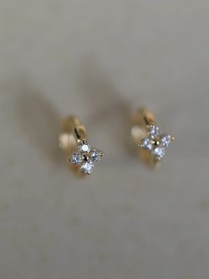 Four-leaf flower ~ S925 sterling silver plated 14K gold mini flower ear buckle ear bone ring sweet delicate low ear hole earrings HME