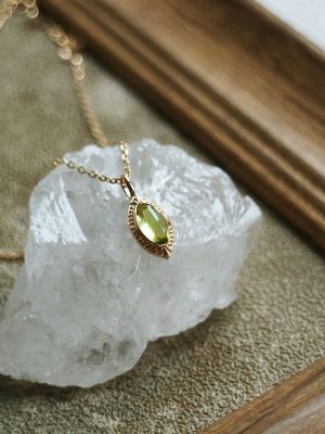 Lucky Stone ~ Mori S925 Sterling Silver Plated 14K Gold Olive Green Pendant Daily Commuter Vintage Necklace Clavicle Chain HME