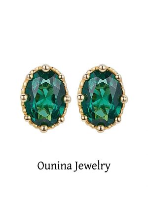 S925 Sterling Silver Plated 14K Gold Emerald Zircon Inlaid Earrings Oval Style Light Luxury Retro Elegant Earrings Female Ouni Na