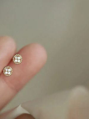S925 Sterling Silver Plated 14k Gold Doudou Edge Inlaid Cross Floret Disc Mini Small Earrings Simple All-match Earrings