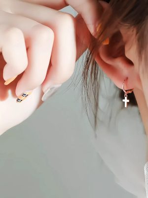 S925 Sterling Silver Rose-plated Gold Simple Cross Earrings Women's Hip-hop Ear Buckle Fashionable Style Cold Style Earrings