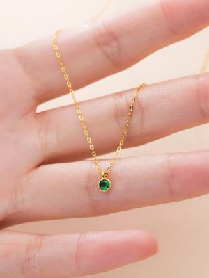 S925 Sterling Silver Plated 14K Gold Classic Vintage Single Diamond Emerald Necklace Women's Mini Simple Green Treasure Clavicle Chain