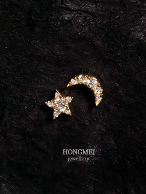 S925 Sterling Silver Plated 18K Gold Moon Star Screw Bead Earrings Women's Advanced Design Asymmetric Earrings