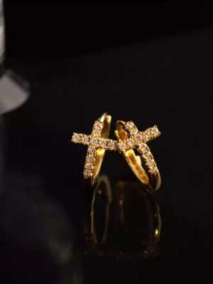 S925 Sterling Silver Gold Plated Shiny Diamond Ear Buckle Oh Mini Cross Personality Earring Stud All Match HME