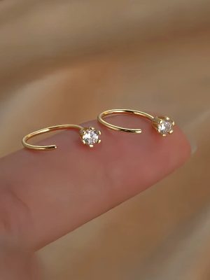 Zircon Bent Hook Daily Earrings ~ S925 Sterling Silver Plated 18K Gold Sleep Free Earrings Small Joker Earrings