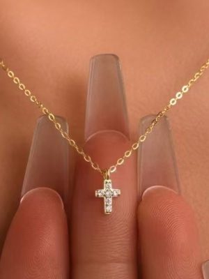 Japanese 925 Sterling Silver Plated 18K Gold Slim Exquisite Diamond Set Mini Cross Pendant Necklace Women's Clavicle Chain