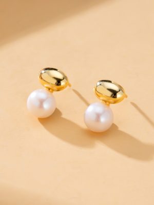 S925 Sterling Silver Retro Oval Small Gold Bean Natural Freshwater Pearl Earrings Flat Round Steamed Bread New All-match Earrings for Women