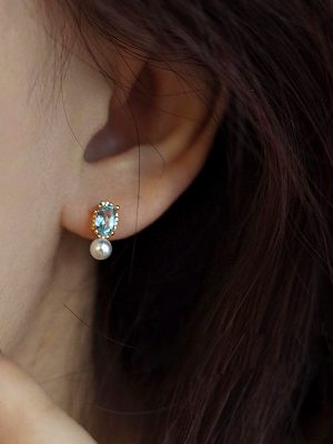 S925 Sterling Silver Plated 14K Gold Topaz Pearl Earrings for Women Light Luxury French Style Retro Court Style Design Earrings