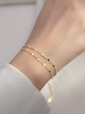 S925 Sterling Silver Plated 14K Gold Wave Flash Bracelet Women's Double Layer Overlay Design Plain Chain Bracelet Ouni Na
