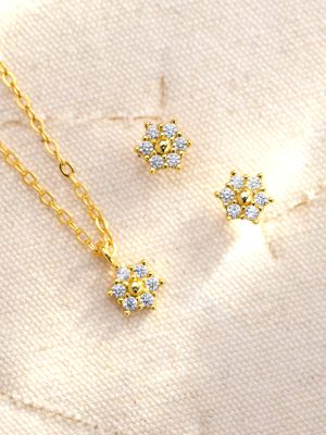 S925 Sterling Silver Zircon Floret Necklace Women's Light Luxury Fresh Style Fashion Jewelry Design Earrings Necklace Set