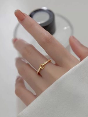 S925 Sterling Silver Gold Plated Diamond Round Geometric Ring Women's Japanese and Korean-style Light Luxury High-grade Open Finger Ring Ouni Na