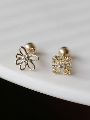 S925 Sterling Silver Plated 18K Gold Asymmetric Personality All-match Hollow Small Diamond Flower Ear Bone Screw Earrings HME