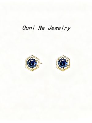 S925 Sterling Silver Plated 14K Gold Blue Crystal Earrings Women's Simple Elegant All-match Shiny Zircon Earrings Hexagonal Ouni Na