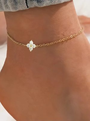 S925 sterling silver plated 14K gold classic four-leaf clover anklet women's simple design diamond flower fashion versatile foot decoration