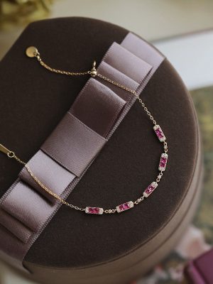 French Retro S925 Silver Plated 18K Gold Barbie Sweetheart Pink Bracelet Women's Light Luxury High-end Wear Lapping Jewelry