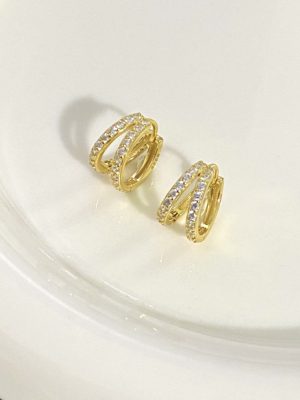 S925 Sterling Silver Plated 18K Gold Double Row Zircon Earrings Simple Elegant Tide Ear Ring ins Cold Style Advanced Personality