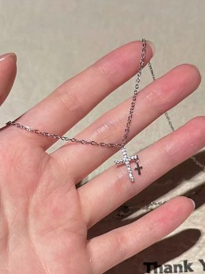 Double Cross 925 Sterling Silver Plated Platinum Inlaid Zircon Necklace Entry Luxury Design Clavicle Chain Ins Sweet
