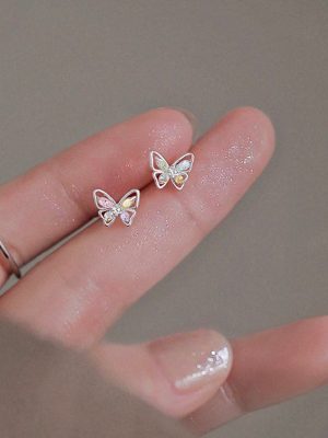 925 Sterling Silver Super Flash Color Diamond Butterfly Earrings Women's Sweet Ins Cute Mini Color Treasure Earrings Earrings for Hair