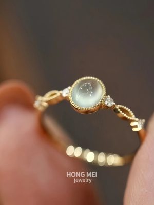 S925 Sterling Silver Plated 14K Gold Natural Ice White Chalcedony Ring Women's Water Drop Design Retro Ring Hand