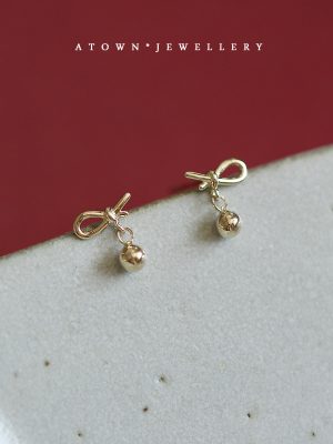 S925 Sterling Silver Plated 14K Gold Ear Stud Female Tie Ball Cute Bow Student Temperament Small Ear Stud HME
