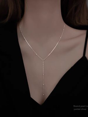 S925 Sterling Silver Plated 14k Gold Round Bead Tassel Necklace Women's Simple Design Cold Style Collarbone Chain Light Luxury Sweater Chain Ouni Na