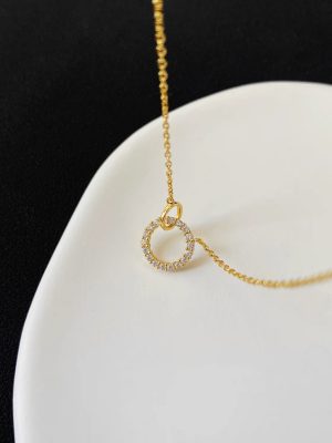 S925 Sterling Silver Gold Plated Double Ring Diamond Necklace Women's Simple Light Luxury Collarbone Chain All-match High-grade Ouni Na